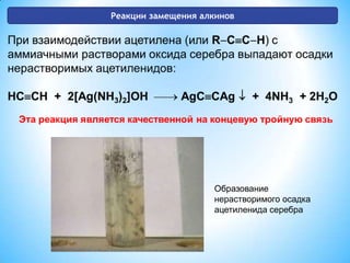 Реакции замещения алкиновОбразование нерастворимого осадка ацетиленида серебра