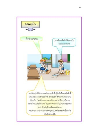 ๑๓




กรอบที่ ๖


ตั้งใจฟงนะจะตอม
                                         เราพรอมแลว เริ่มไดเลยครับ
                                              นองแกละคนเกง




   การจัดหมูหนังสือระบบทศนิยมของดิวอี้ ผูคิดคนคือ เมลวิล ดิวอี้
              
    (Melvil Dewey) ชาวอเมริกน เปนระบบทีใชตวเลขทศนิยมแทน
                                ั           ่ ั
     เนื้อหาวิชา โดยเริ่มจากการแบงเนื้อหาอยางกวาง ๆ เปน ๑๐
   หมวดใหญ แลวจึงจําแนกใหเฉพาะเจาะจงลงไปโดยใชเลขอารบิก
                 0 – 9 เปนสัญลักษณ ตลอดทั้งระบบ
    ตอบคําถามเราบางนะ การจัดหมูระบบทศนิยมของดิวอี้ใชอะไร
                           เปนสัญลักษณจะ
 