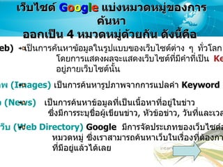 เว็บไซต์  G o o g l e   แบ่งหมวดหมู่ของการค้นหา ออกเป็น  4  หมวดหมู่ด้วยกัน ดังนี้คือ  เว็บ ( Web)   เป็นการค้นหาข้อมูลในรูปแบบของเว็บไซต์ต่าง ๆ ทั่วโลก โดยการแสดงผลจะแสดงเว็บไซต์ที่มีคำที่เป็น  Keyword   อยู่ภายเว็บไซต์นั้น รูปภาพ ( Images)   เป็นการค้นหารูปภาพจากการแปลคำ  Keyword   กลุ่มข่าว ( News)   เป็นการค้นหาข้อมูลที่เป็นเนื้อหาที่อยู่ในข่าว  ซึ่งมีการระบุชื่อผู้เขียนข่าว ,  หัวข้อข่าว ,  วันที่และเวลาที่โพสต์ข่าว  สารบบเว็บ ( Web Directory)   Google   มีการจัดประเภทของเว็บไซต์ออกเป็น หมวดหมู่ ซึ่งเราสามารถค้นหาเว็บในเรื่องที่ต้องการตามหมวดหมู่ ที่มีอยู่แล้วได้เลย  