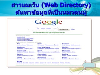 สารบบเว็บ  ( Web Directory)   ค้นหาข้อมูลที่เป็นหมวดหมู่ 