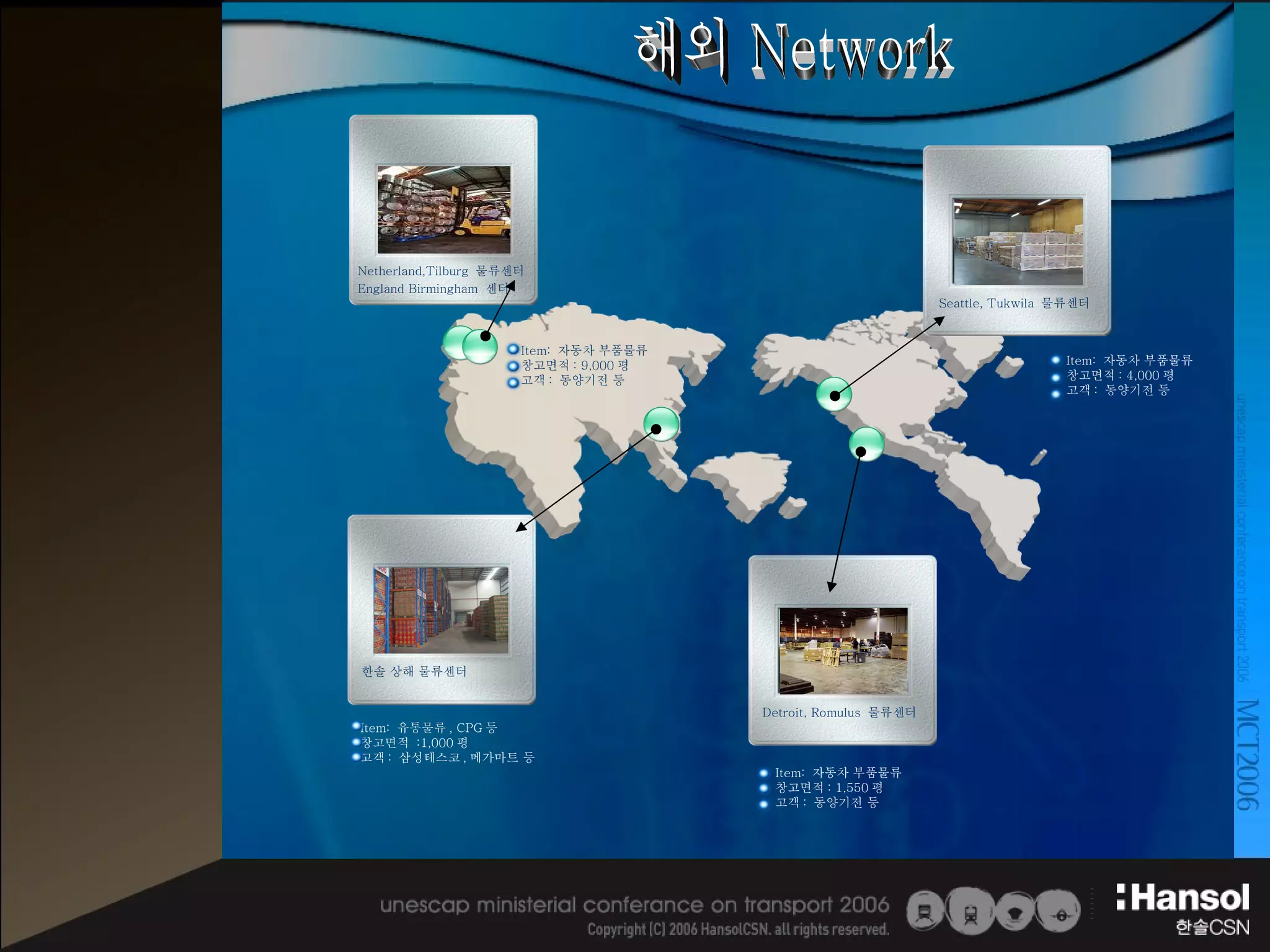 해외 Network Item:  유통물류 , CPG 등 창고면적  :1,000 평 고객 :  삼성테스코 , 메가마트 등 Item:  자동차 부품물류 창고면적 : 1,550 평 고객 :  동양기전 등 Item:  자동차 부품물류 창고면적 : 4,000 평  고객 :  동양기전 등 Item:  자동차 부품물류 창고면적 : 9,000 평 고객 :  동양기전 등 Seattle, Tukwila  물류센터 Detroit, Romulus  물류센터 한솔 상해 물류센터   Netherland,Tilburg  물류센터 England Birmingham  센터 