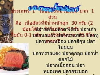 ประเภทที่  1    เนื้อสัตว์ที่มีไขมันต่ำมาก    1   ส่วน    คือ    เนื้อสัตว์ที่มีน้ำหนักสุก    30   กรัม  ( 2   ช้อนโต๊ะ )    ให้โปรตีน    7   กรัม    ไขมัน  0-1   กรัม    และให้พลังงาน    35   กิโลแคลอรี หมวดเนื้อสัตว์ ปลาช่อน   ปลาตาเดียว   ปลาเก๋า ปลานกแก้ว   ปลากะพงขาว   ปลาทู ปลาหางเหลือง   ปลาสีกุน   ปลาใบขนุน ปลาทรายแดง   ปลาดุกอุย   ปลาน้ำดอกไม้ ปลากเนื้ออ่อน   ปลาหมอเทศ   ปลากระบอก ปลาอินทรีย์   ลูกชิ้นปลา  1  ลูกชิ้นเนื้อ  1 