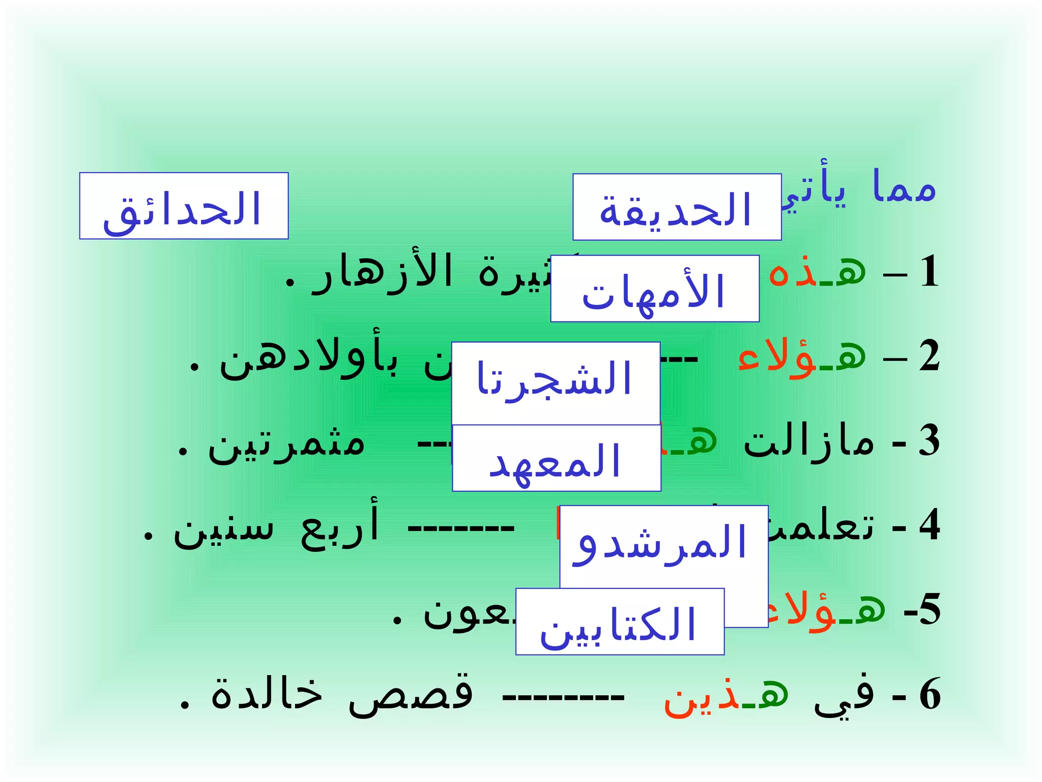 ب  -  ضعي مشاراً إليه في كل مكان خال مما يأتي  : 1 –  هـ ذه  --------  كثيرة الأزهار  . 2 –  هـ ؤلاء   --------  يعتنين بأولادهن  . 3 -  مازالت  هـ اتان  ------  مثمرتين  . 4 -  تعلمت في  هـ ذا  -------  أربع سنين  . 5-  هـ ؤلاء   --------  نافعون  . 6 -  في  هـ ذين   --------  قصص خالدة  .  الحديقة الحدائق الأمهات الشجرتان المعهد المرشدون الكتابين 
