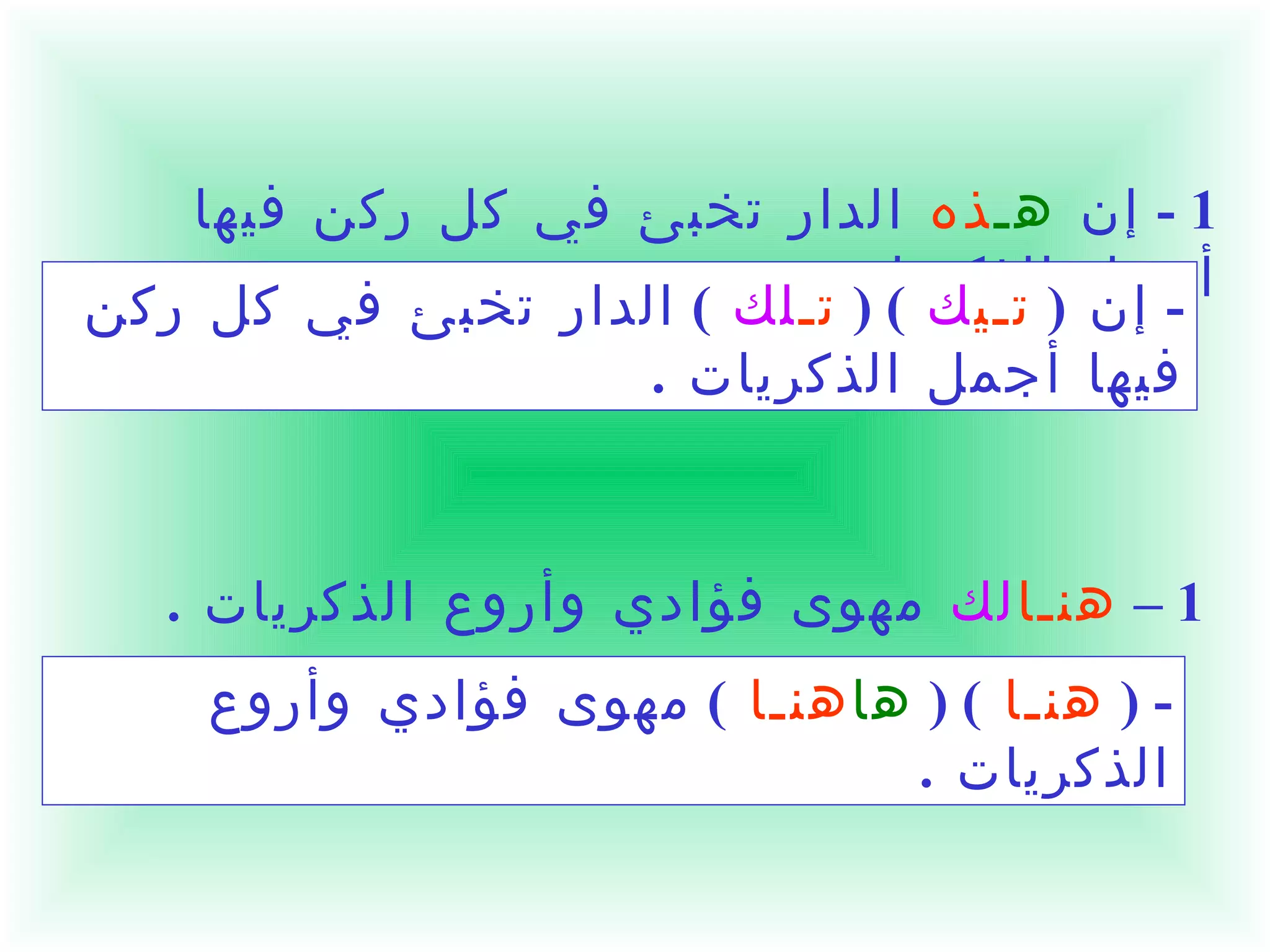 ج  -  اجعلي اسم الإشارة فيما يأتي للبعيد  : 1 -  إن  هـ ذه  الدار تخبئ في كل ركن فيها أجمل الذكريات  .   د  -  اجعلي اسم الإشارة فيما يأتي للقريب  : 1 –  هنـا لك  مهوى فؤادي وأروع الذكريات  .  -  إن  (  تـي ك   ) (  تـ لك   )  الدار تخبئ في كل ركن فيها أجمل الذكريات  .   - (  هنـا   ) (  ها هنـا   )  مهوى فؤادي وأروع الذكريات  .  