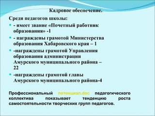 Среди педагогов школы: - имеет звание «Почетный работник образования» -1  - награждены грамотой Министерства образования Хабаровского края – 1 -награждены грамотой Управления образования администрации Амурского муниципального района – 22 -награждены грамотой главы Амурского муниципального района-4  Кадровое обеспечение. Профессиональный  потенциал. doc  педагогического коллектива показывает тенденцию роста самостоятельности творческих групп педагогов.  
