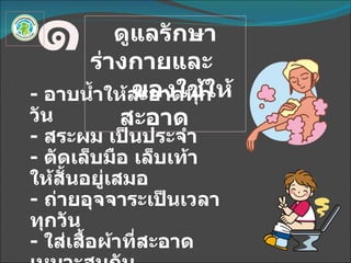 ดูแลรักษาร่างกายและ  ของใช้ให้สะอาด   ๑ -  อาบน้ำให้สะอาดทุกวัน -  สระผม เป็นประจำ -  ตัดเล็บมือ เล็บเท้า ให้สั้นอยู่เสมอ -  ถ่ายอุจจาระเป็นเวลาทุกวัน -  ใส่เสื้อผ้าที่สะอาด เหมาะสมกับ สภาพอากาศ -  ทำความสะอาดและจัดเก็บของใช้  ให้เป็นระเบียบ 