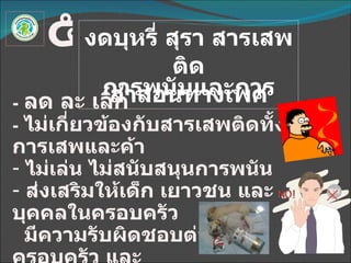 งดบุหรี่ สุรา สารเสพติด การพนันและการสำส่อนทางเพศ ๕ -   ลด ละ เลิก -   ไม่เกี่ยวข้องกับสารเสพติดทั้งการเสพและค้า ไม่เล่น  ไม่สนับสนุน การพนัน  ส่งเสริมให้เด็ก เยาวชน และบุคคลในครอบครัว มีความรับผิดชอบต่อตนเอง ครอบครัว และ สังคม 