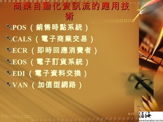 商業自動化資訊流的應用技術  POS （銷售時點系統） CALS （電子商業交易） ECR （即時回應消費者） EOS （電子訂貨系統） EDI （電子資料交換） VAN （加值型網路）  