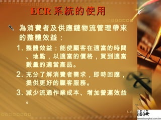 ECR 系統的使用  為消費者及供應鏈物流管理帶來的整體效益： 整體效益：能使顧客在適當的時間、地點，以適當的價格，買到適當數量的適當產品。 充分了解消費者需求，即時回應，提供更好的顧客服務。  減少流通作業成本、增加營運效益。 