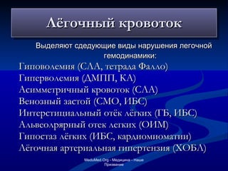 Выделяют сдедующие виды нарушения легочной гемодинамики: Гиповолемия (СЛА, тетрада Фалло) Гиперволемия  ( ДМПП,   КА) Асимметричный кровоток (СЛА) Венозный застой (СМО, ИБС) Интерстициальный отёк лёгких (ГБ, ИБС) Альвеолрярный отек легких (ОИМ) Гипостаз лёгких (ИБС, кардиомиоматии) Лёгочная артериальная гипертензия (ХОБЛ) Лёгочный кровоток MeduMed.Org -  Медицина - Наше Призвание 