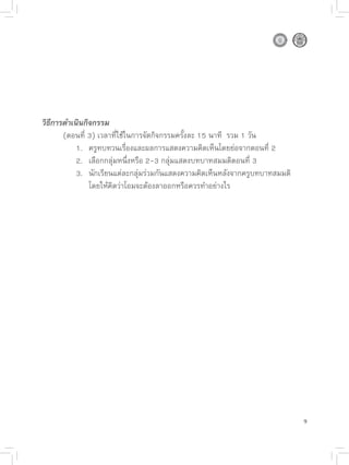 วิธีการดำเนินกิจกรรม

      (ตอนที่
3)
เวลาที่ใช้ในการจัดกิจกรรมครั้งละ
15
นาที

รวม
1
วัน

      
 1.
 ครูทบทวนเรื่องและผลการแสดงความคิดเห็นโดยย่อจากตอนที่
2

      
 2.
 เลือกกลุ่มหนึ่งหรือ
2-3
กลุ่มแสดงบทบาทสมมติตอนที่
3

      
 3.
 นักเรียนแต่ละกลุ่มร่วมกันแสดงความคิดเห็นหลังจากครูบทบาทสมมติ


      
 
 โดยให้คิดว่าโอมจะต้องลาออกหรือควรทำอย่างไร




                                                                              9
 