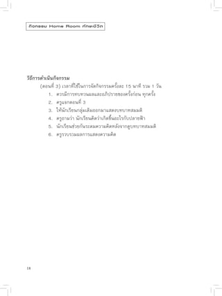 กิ จ กรรม Home Room ทั ก ษะชี ว ิ ต




วิธีการดำเนินกิจกรรม

      (ตอนที่
3)
เวลาที่ใช้ในการจัดกิจกรรมครั้งละ
15
นาที
รวม
1
วัน

      
 1.
 ควรมีการทบทวนผลและอภิปรายของครั้งก่อน
ทุกครั้ง

      
 2.
 ครูแจกตอนที่
3


      
 3.
 ให้นักเรียนกลุ่มเดิมออกมาแสดงบทบาทสมมติ

      
 4.
 ครูถามว่า
นักเรียนคิดว่าเกิดขึ้นอะไรกับปลายฟ้า

      
 5.
 นักเรียนช่วยกันระดมความคิดหลังจากดูบทบาทสมมติ

      
 6.
 ครูรวบรวมผลการแสดงความคิด




18
 