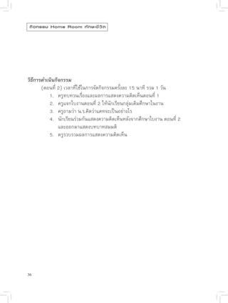 กิ จ กรรม Home Room ทั ก ษะชี ว ิ ต




วิธีการดำเนินกิจกรรม

      (ตอนที่
2)
เวลาที่ใช้ในการจัดกิจกรรมครั้งละ
15
นาที
รวม
1
วัน

      
 1.
 ครูทบทวนเรื่องและผลการแสดงความคิดเห็นตอนที่
1

      
 2.
 ครูแจกใบงานตอนที่
2
ให้นักเรียนกลุ่มเดิมศึกษาในงาน

      
 3.
 ครูถามว่า
น.ร.คิดว่าแคทจะเป็นอย่างไร

      
 4.
 นักเรียนร่วมกันแสดงความคิดเห็นหลังจากศึกษาใบงาน
ตอนที่
2

      
 
 และออกมาแสดงบทบาทสมมติ

      
 5.
 ครูรวบรวมผลการแสดงความคิดเห็น




36
 
