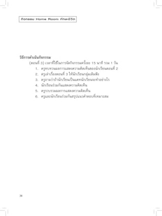 กิ จ กรรม Home Room ทั ก ษะชี ว ิ ต




วิธีการดำเนินกิจกรรม

      (ตอนที่
3)
เวลาที่ใช้ในการจัดกิจกรรมครั้งละ
15
นาที
รวม
1
วัน

      
 1.
 ครูทบทวนผลการแสดงความคิดเห็นของนักเรียนตอนที่
2

      
 2.
 ครูเล่าเรื่องตอนที่
3
ให้นักเรียนกลุ่่มเดิมฟัง

      
 3.
 ครูถามว่าถ้านัักเรียนเป็นแคทนักเรียนจะทำอย่างไร

      
 4.
 นักเรียนร่วมกันแสดงความคิดเห็น

      
 5.
 ครูรวบรวมผลการแสดงความคิดเห็น

      
 6.
 ครูและนักเรียนร่วมกันสรุปแนวคำตอบที่เหมาะสม





38
 