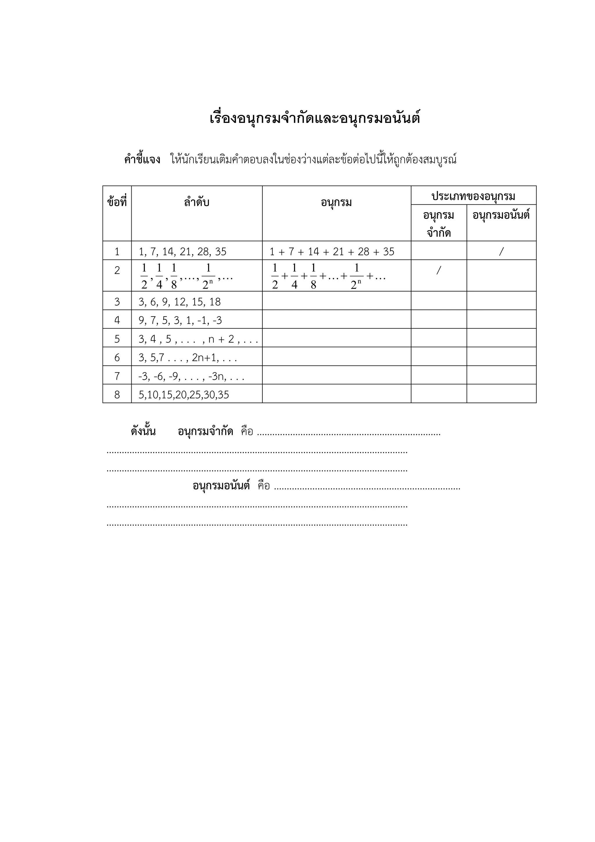 เรื่องอนุกรมจากัดและอนุกรมอนันต์

      คาชี้แจง ให้นักเรียนเติมคาตอบลงในช่องว่างแต่ละข้อต่อไปนี้ให้ถูกต้องสมบูรณ์

ข้อที่               ลาดับ                            อนุกรม              ประเภทของอนุกรม
                                                                        อนุกรม อนุกรมอนันต์
                                                                         จากัด
  1      1, 7, 14, 21, 28, 35               1 + 7 + 14 + 21 + 28 + 35                 /
  2      1 1 1        1
          , , , ... , n , ...
                                            1 1 1        1
                                                ...  n  ...           /
         2 4 8       2                      2 4 8       2
  3      3, 6, 9, 12, 15, 18
  4      9, 7, 5, 3, 1, -1, -3
  5      3, 4 , 5 , . . . , n + 2 , . . .
  6      3, 5,7 . . . , 2n+1, . . .
  7      -3, -6, -9, . . . , -3n, . . .
  8      5,10,15,20,25,30,35

   ดังนั้น อนุกรมจากัด คือ ………………………………………………………………
……………………………………………………………………………………………………….
……………………………………………………………………………………………………….
              อนุกรมอนันต์ คือ ……………………………………………………………….
……………………………………………………………………………………………………….
……………………………………………………………………………………………………….
 