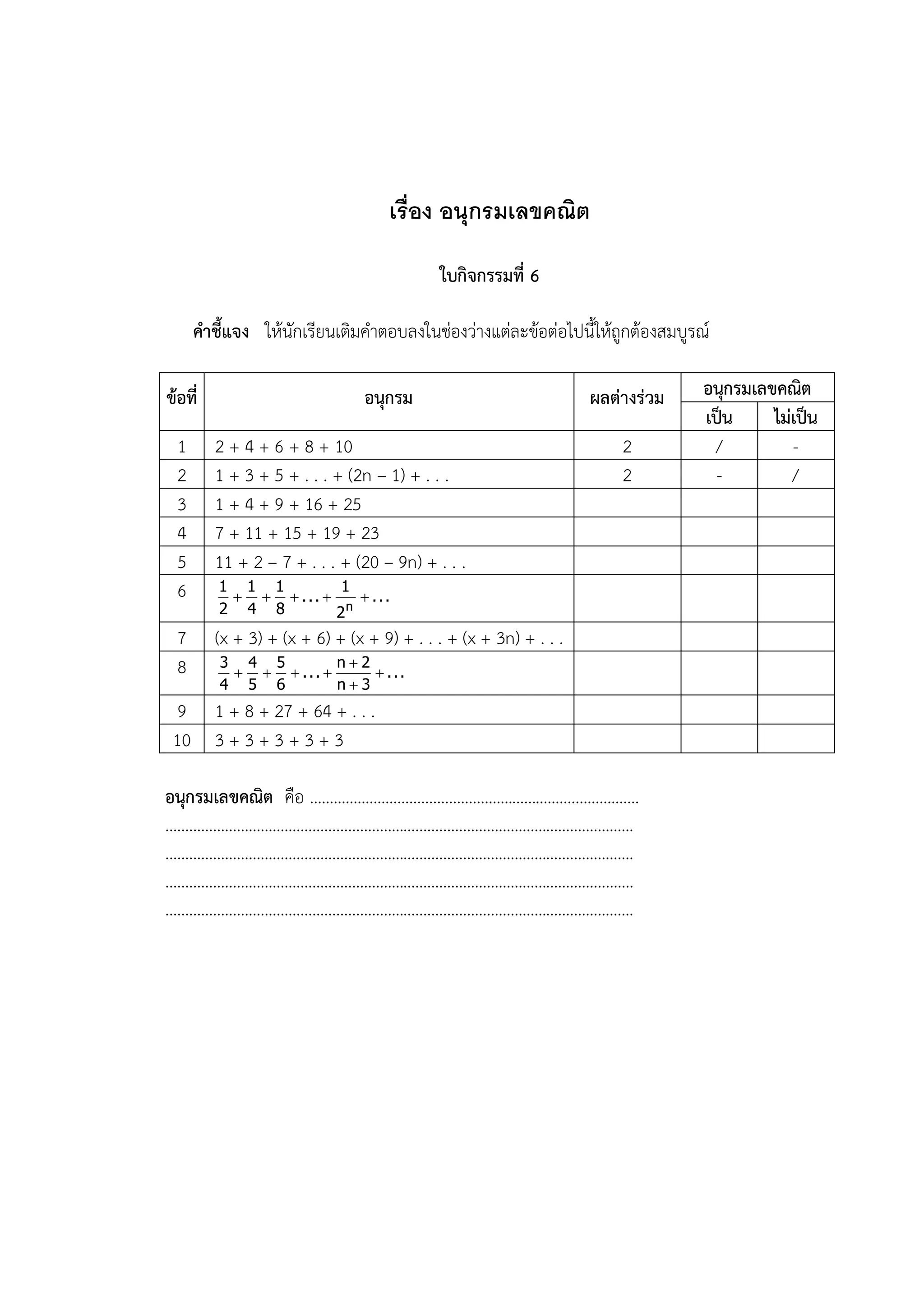 เรื่อง อนุกรมเลขคณิต

                                           ใบกิจกรรมที่ 6

      คาชี้แจง ให้นักเรียนเติมคาตอบลงในช่องว่างแต่ละข้อต่อไปนี้ให้ถูกต้องสมบูรณ์

ข้อที่                          อนุกรม                            ผลต่างร่วม   อนุกรมเลขคณิต
                                                                               เป็น     ไม่เป็น
  1      2 + 4 + 6 + 8 + 10                                           2         /          -
  2      1 + 3 + 5 + . . . + (2n – 1) + . . .                         2          -         /
  3      1 + 4 + 9 + 16 + 25
  4      7 + 11 + 15 + 19 + 23
  5      11 + 2 – 7 + . . . + (20 – 9n) + . . .
  6      1 1 1
             ... 
                      1
                          ...
         2 4 8        2n
  7      (x + 3) + (x + 6) + (x + 9) + . . . + (x + 3n) + . . .
  8      3 4 5
             ... 
                      n2
                           ...
         4 5 6        n3
  9 1 + 8 + 27 + 64 + . . .
 10 3 + 3 + 3 + 3 + 3

อนุกรมเลขคณิต คือ …………………………………………………………..……………
……………………………………………………………………………………………………….
……………………………………………………………………………………………………….
……………………………………………………………………………………………………….
……………………………………………………………………………………………………….
 