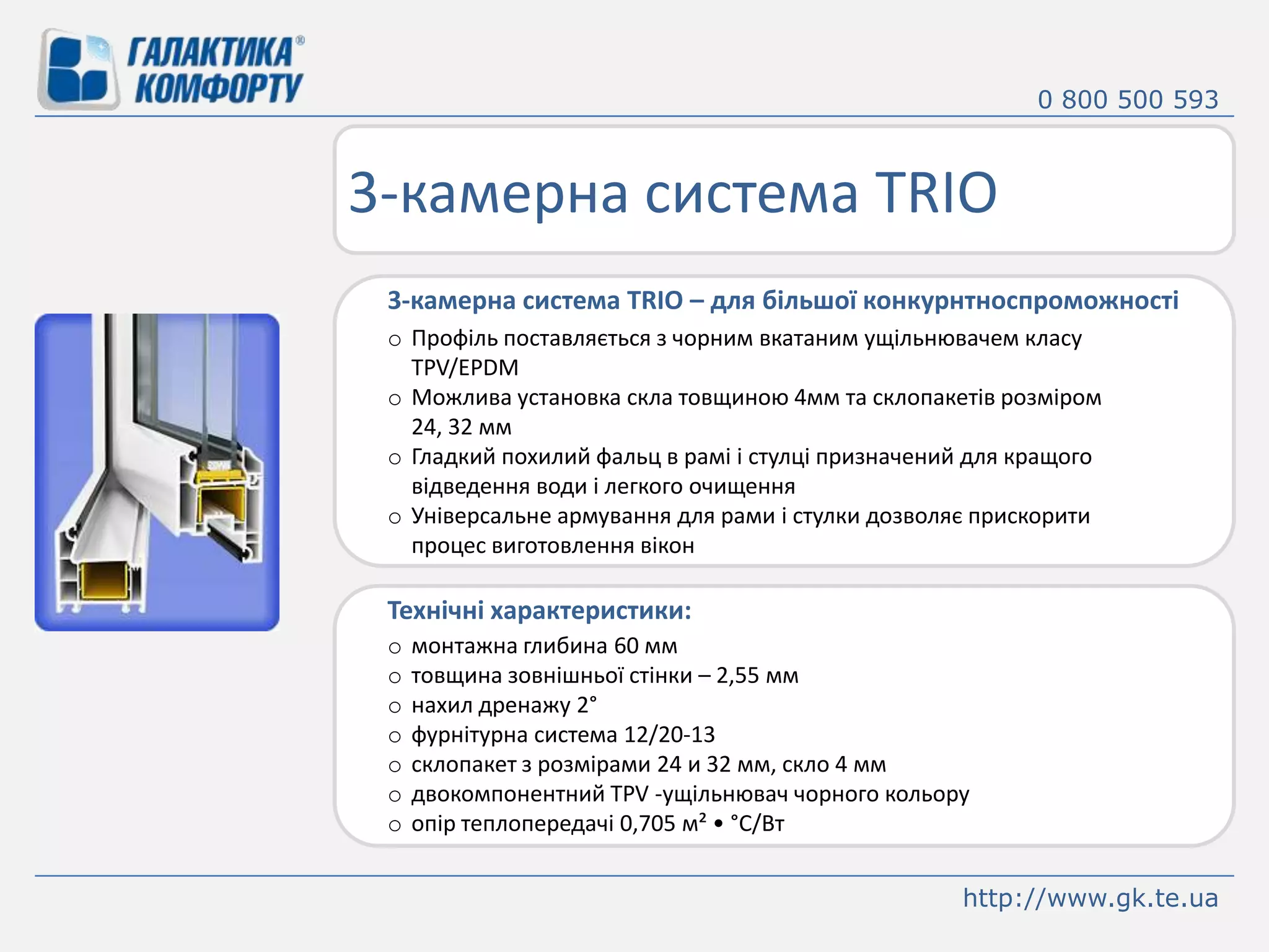 0 800 500 5933-камерна система TRIO3-камерна система TRIO – для більшої конкурнтноспроможностіПрофіль поставляється з чорним вкатанимущільнювачем класу TPV/EPDM