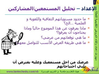 الإعداد  –  تحليل المستمعين / المشاركين ما حدود مستوياتهم الثقافية واللغوية و العلمية  ... الخ؟ ماذا يعرفون عن هذا الموضوع حالياً وماذا يحتاجون أن يعرفوا؟ ما هي توقعاتهم من عرضي؟ ما هي طريقة العرض الأنسب للتواصل معهم؟ عرضك من اجل مستمعيك وعليه يفترض أن يلبي احتياجاتهم 