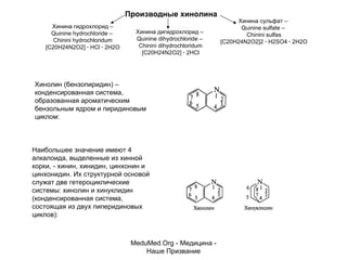 Хинолин (бензопиридин) – конденсированная система, образованная ароматическим бензольным ядром и пиридиновым циклом: Наибольшее значение имеют 4 алкалоида, выделенные из хинной корки, - хинин, хинидин, цинхонин и цинхонидин. Их структурной основой служат две гетероциклические системы: хинолин и хинуклидин (конденсированная система, состоящая из двух пиперидиновых циклов): MeduMed.Org -  Медицина - Наше Призвание Производные хинолина  Хинина гидрохлорид – Quinine hydrochloride  –  Chinini hydrochloridum [C20H24N2O2]  ·  HCl  ·  2H2O Хинина   дигидрохлорид  –  Quinine dihydrochloride –  Chinini dihydrochloridum [C20H24N2O2]  ·  2HCl Хинина   сульфат  –  Quinine sulfate –  Chinini sulfas [C20H24N2O2]2  ·  H2SO4  ·  2H2O 