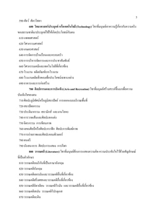 5
 590 สัตว์ สัตววิทยา
            600 วิทยาศาสตร์ ประยุกต์ หรือเทคโนโลยี (Technology) วิชาที่มนุษย์เอาความรู้เกี่ยวกับความจริ ง
ของธรรมชาติมาประยุกต์ใช้ให้เกิดประโยชน์กบตน   ั
 610 แพทยศาสตร์
 620 วิศวกรรมศาสตร์
 630 เกษตรศาสตร์
 640 การจัดการบ้านเรื อนและครอบครัว
 650 การบริ หารจัดการและการประชาสัมพันธ์
 660 วิศวกรรมเคมีและเทคโนโลยีที่เกี่ยวข้อง
 670 โรงงาน ผลิตภัณฑ์จากโรงงาน
 680 โรงงานผลิตสิ่งของเพื่อประโยชน์เฉพาะอย่าง
 690 อาคารและการก่อสร้าง
            700 ศิลปกรรมและการบันเทิง (Arts and Recreation) วิชาที่มนุษย์สร้างสรรค์ข้ ึนมาเพื่อความ
บันเทิงใจของตน
 710 ศิลปะภูมทศน์หรื อภูมิสถาปัตย์ การออกแบบบริ เวณพื้นที่
                 ิ ั
 720 สถาปัตยกรรม
 730 ประติมากรรม เซรามิกส์ และงานโลหะ
 740 การวาดเส้นและศิลปะตกแต่ง
 750 จิตรกรรม การเขียนภาพ
 760 เลขนศิลป์ หรื อศิลปะกราฟิ ก ศิลปะการพิมพ์ภาพ
 770 การถ่ายภาพและศิลปะคอมพิวเตอร์
 780 ดนตรี
 790 นันทนาการ ศิลปะการแสดง การกีฬา
            800 วรรณคดี (Literature) วิชาที่มนุษย์ตองการแสดงความคิด ความประทับใจไว้ดวยสัญลักษณ์
                                                   ้                                         ้
ที่เป็ นตัวอักษร
 810 วรรณคดีอเมริ กนที่เป็ นภาษาอังกฤษ
                     ั
 820 วรรณคดีองกฤษ  ั
 830 วรรณคดีเยอรมันและวรรณคดีอื่นที่เกี่ยวข้อง
 840 วรรณคดีฝรั่งเศสและวรรณคดีอื่นที่เกี่ยวข้อง
 850 วรรณคดีอิตาเลียน วรรณคดีโรมัน และวรรณคดีอื่นที่เกี่ยวข้อง
 860 วรรณคดีสเปน วรรณคดีโปรตุเกส
 870 วรรณคดีละติน
 