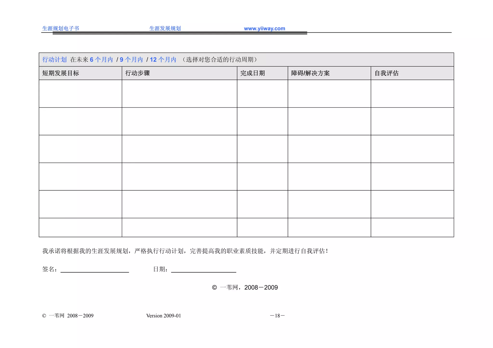 生涯规划电子书                    生涯发展规划                    www.yiiway.com




行动计划 在未来 6 个月内 / 9 个月内 / 12 个月内 （选择对您合适的行动周期）

短期发展目标               行动步骤                            完成日期             障碍/解决方案   自我评估




我承诺将根据我的生涯发展规划，严格执行行动计划，完善提高我的职业素质技能，并定期进行自我评估！

签名：____________________     日期：___________________

                                            © 一苇网，2008－2009



© 一苇网 2008－2009           Version 2009-01                    －18－
 