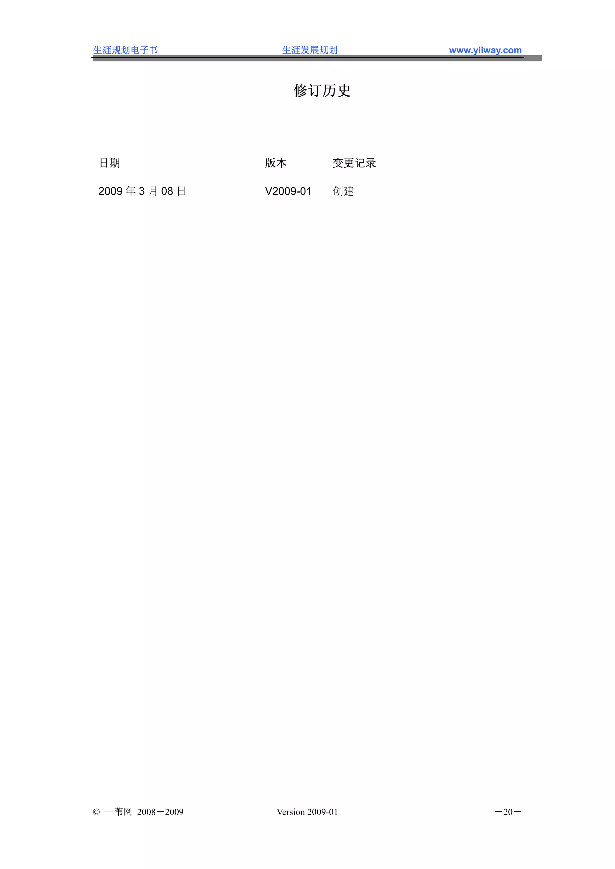 生涯规划电子书             生涯发展规划             www.yiiway.com



                       修订历史



日期                版本            变更记录

2009 年 3 月 08 日   V2009-01      创建




© 一苇网 2008－2009    Version 2009-01             －20－
 