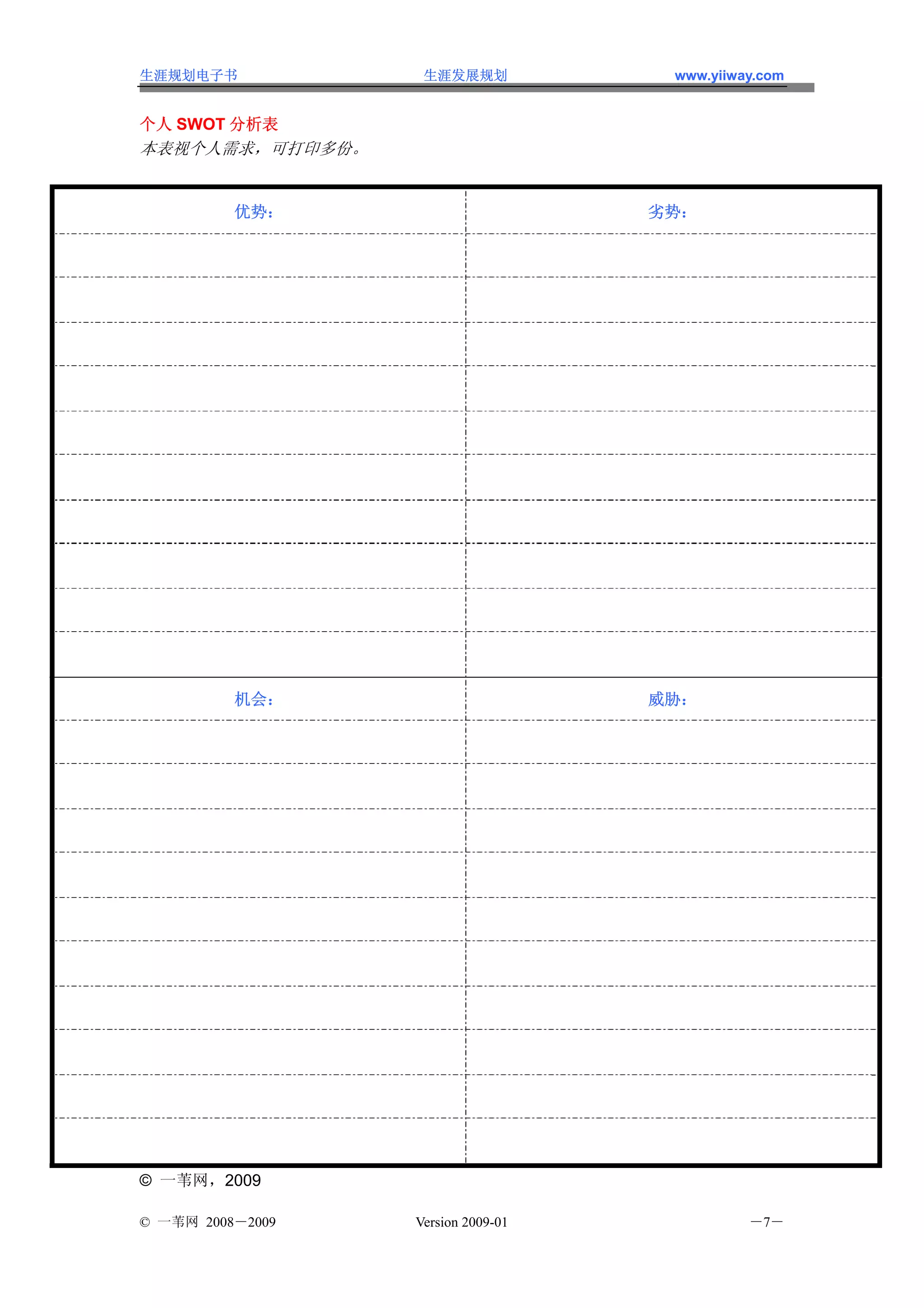 生涯规划电子书            生涯发展规划            www.yiiway.com


个人 SWOT 分析表
本表视个人需求，可打印多份。


          优势：                       劣势：




          机会：                       威胁：




© 一苇网，2009

© 一苇网 2008－2009   Version 2009-01             －7－
 