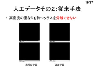 19/27

  人工データその２：従来手法
    Input      First layer   Second layer
• 高密度の重なりを持つクラスを分離できない




    Input      First layer   Second layer




       通常の学習                 追加学習
 