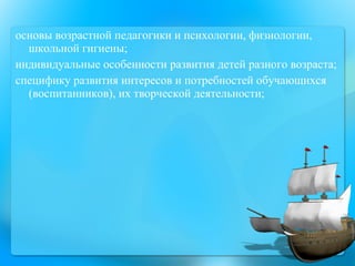 основы возрастной педагогики и психологии, физиологии, школьной гигиены;  индивидуальные особенности развития детей разного возраста;  специфику развития интересов и потребностей обучающихся (воспитанников), их творческой деятельности; 