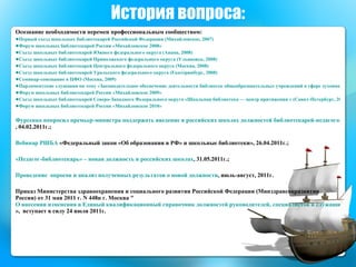 История вопроса: Осознание необходимости перемен профессиональным сообществом: Первый съезд школьных библиотекарей Российской Федерации (Михайловское, 2007) Форум школьных библиотекарей России «Михайловское 2008» Съезд школьных библиотекарей Южного федерального округа (Анапа, 2008)   Съезд школьных библиотекарей Приволжского федерального округа (Ульяновск, 2008)   Съезд школьных библиотекарей Центрального федерального округа (Москва, 2008)   Съезд школьных библиотекарей Уральского федерального округа (Екатеринбург, 2008)   Семинар-совещание в ЦФО (Москва, 2009)   Парламентские слушания на тему «Законодательное обеспечение деятельности библиотек общеобразовательных учреждений в сфере духовно-нравственного воспитания детей» (Москва, 2009) Форум школьных библиотекарей России «Михайловское 2009» Съезд школьных библиотекарей Северо-Западного Федерального округа «Школьная библиотека — центр притяжения » (Санкт-Петербург, 2010) Форум школьных библиотекарей России «Михайловское 2010»   Фурсенко попросил премьер-министра поддержать введение в российских школах должностей библиотекарей-педагогов , 04.02.2011г.; Вебинар РШБА  «Федеральный закон «Об образовании в РФ» и школьные библиотеки», 26.04.2011г.; «Педагог-библиотекарь» – новая должность в российских школах , 31.05.2011г.; Проведение  опросов и анализ полученных результатов о новой должности , июль-август, 2011г. Приказ Министерства здравоохранения и социального развития Российской Федерации (Минздравсоцразвития России) от 31 мая 2011 г. N 448н г. Москва " О внесении изменения в Единый квалификационный справочник должностей руководителей, специалистов и служащих, раздел "Квалификационные характеристики должностей работников образования »,  вступает в силу 24 июля 2011г. 