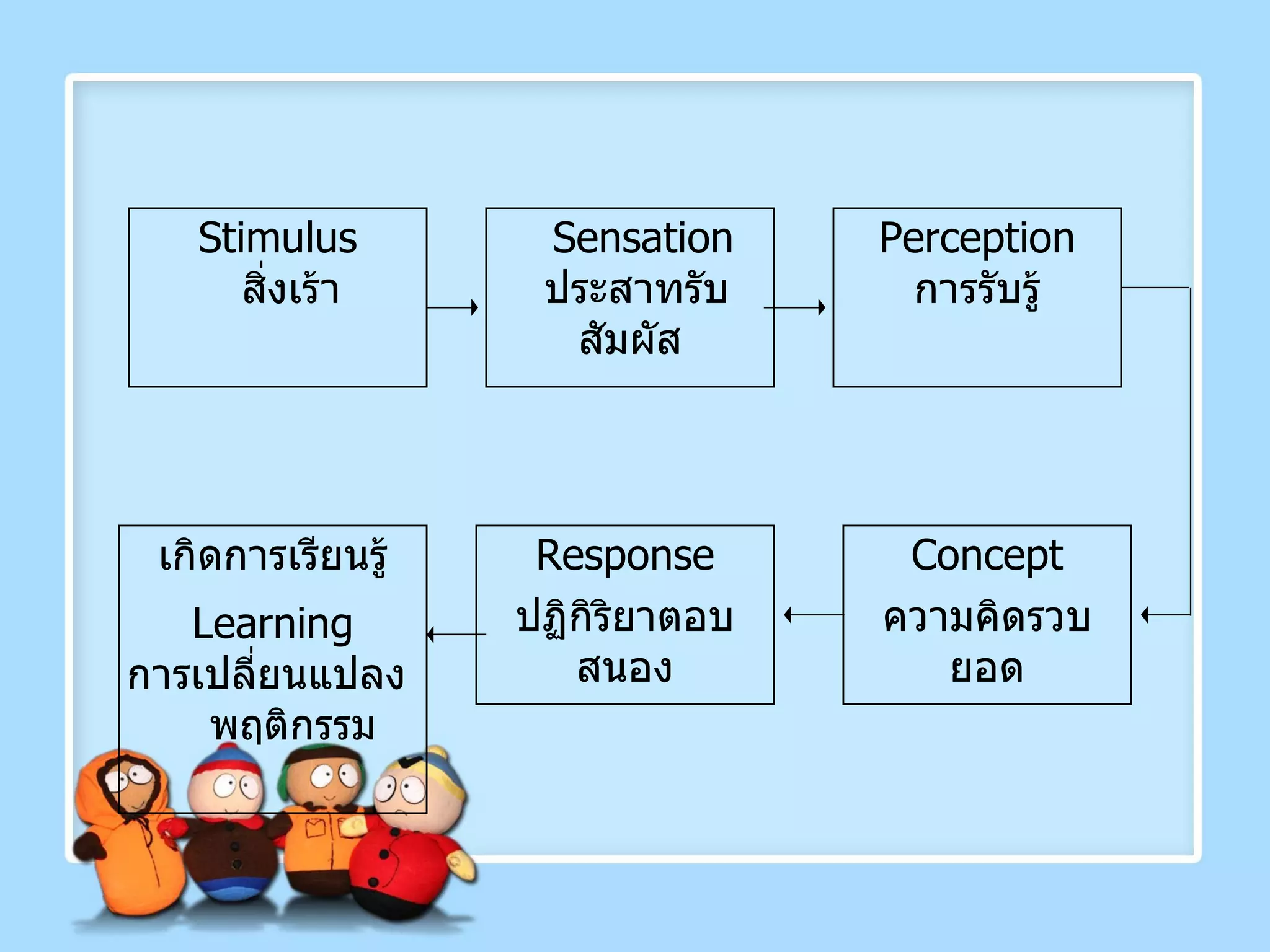         Stimulus สิ่งเร้า Sensation ประสาทรับสัมผัส Perception การรับรู้ Concept ความคิดรวบยอด Response ปฏิกิริยาตอบสนอง เกิดการเรียนรู้ Learning การเปลี่ยนแปลง  พฤติกรรม 