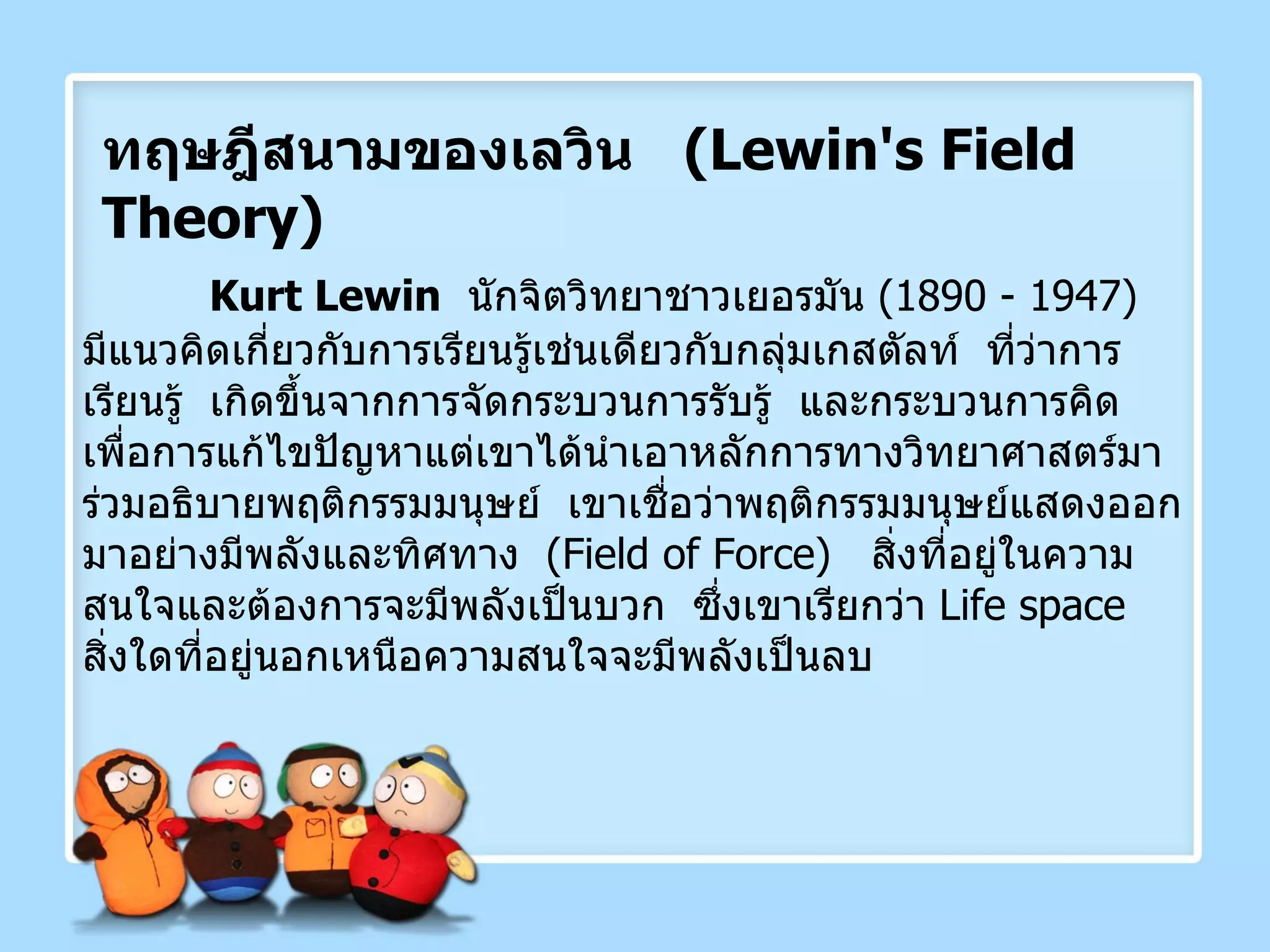 ทฤษฎีสนามของเลวิน  ( Lewin's Field Theory )  Kurt Lewin   นักจิตวิทยาชาวเยอรมัน  (1890 - 1947)  มีแนวคิดเกี่ยวกับการเรียนรู้เช่นเดียวกับกลุ่มเกสตัลท์  ที่ว่าการเรียนรู้  เกิดขึ้นจากการจัดกระบวนการรับรู้  และกระบวนการคิดเพื่อการแก้ไขปัญหาแต่เขาได้นำเอาหลักการทางวิทยาศาสตร์มาร่วมอธิบายพฤติกรรมมนุษย์  เขาเชื่อว่าพฤติกรรมมนุษย์แสดงออกมาอย่างมีพลังและทิศทาง  ( Field of Force )  สิ่งที่อยู่ในความสนใจและต้องการจะมีพลังเป็นบวก  ซึ่งเขาเรียกว่า  Life space  สิ่งใดที่อยู่นอกเหนือความสนใจจะมีพลังเป็นลบ 