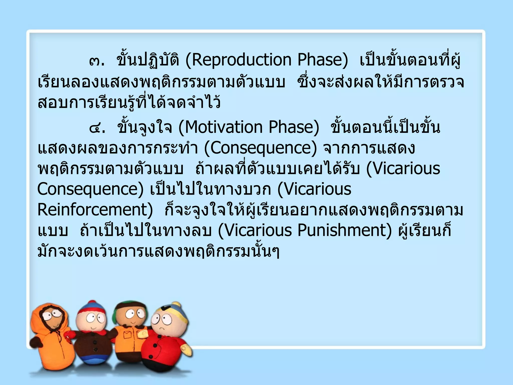 ๓ .  ขั้นปฏิบัติ  ( Reproduction Phase )  เป็นขั้นตอนที่ผู้เรียนลองแสดงพฤติกรรมตามตัวแบบ  ซึ่งจะส่งผลให้มีการตรวจสอบการเรียนรู้ที่ได้จดจำไว้ ๔ .  ขั้นจูงใจ  ( Motivation Phase )  ขั้นตอนนี้เป็นขั้นแสดงผลของการกระทำ  ( Consequence )  จากการแสดงพฤติกรรมตามตัวแบบ  ถ้าผลที่ตัวแบบเคยได้รับ  ( Vicarious   Consequence )  เป็นไปในทางบวก  ( Vicarious Reinforcement )  ก็จะจูงใจให้ผู้เรียนอยากแสดงพฤติกรรมตามแบบ  ถ้าเป็นไปในทางลบ  ( Vicarious Punishment )  ผู้เรียนก็มักจะงดเว้นการแสดงพฤติกรรมนั้นๆ  