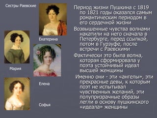 Период жизни Пушкина с 1819 по 1821 годы оказался самым романтическим периодом в его сердечной жизни Возвышенные чувства волнами накатили на него сначала в Петербурге, перед ссылкой, потом в Гурзуфе, после встречи с Раевскими Фактически это была волна, которая сформировала у поэта устойчивый идеал высшей женщины  Именно они - эти «ангелы», эти прекрасные девы, к которым поэт не испытывал чувственных желаний, эти полупризрачные образы легли в основу пушкинского «идеала» женщины Елена  Мария  Екатерина  Софья  Сестры Раевские 