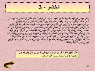 الخضر  - 3  نهض موسى من نومه فلم يلاحظ أن الحوت تسرب إلى البحر ..  تذكر الفتى كيف تسرب الحوت إلى  البحر هناك ..  وأخبر موسى بما وقع، واعتذر إليه بأن الشيطان أنساه أن يذكر له ما وقع   . كان أمرا عجيبا ما رآه   يوشع بن نون  لقد رأى الحوت يشق الماء فيترك علامة وكأنه طير يتلوى  على الرمال   .  أخيرا وصل موسى إلى المكان الذي تسرب منه الحوت ..  وصلا إلى الصخرة التي ناما عندها،   وهناك وجدا رجلا .  فسلم عليه موسى، قال موسى ملاطفا مبالغا في التوقير :  (  هَلْ   أَتَّبِعُكَ  عَلَى أَن تُعَلِّمَنِ مِمَّا عُلِّمْتَ رُشْدًا   (  . قال الخضر :  أما يكفيك أن التوراة بيديك ..  وأن الوحي يأتيك .. ؟ يا  موسى   ) إِنَّكَ لَن تَسْتَطِيعَ مَعِيَ صَبْرًا   )  .   قال الخضر لموسى  -   عليهما السلام   -  إن هناك شرطا  يشترطه لقبول أن يصاحبه موسى ويتعلم منه هو ألا يسأله عن شيء حتى يحدثه هو عنه ..  فوافق موسى على الشرط وانطلقا .. نظرا لطول القصة فيمكن الرجوع إليها فى تفسير بن كثير وفى قصص الأنبياء  (  قصة سيدنا موسى عليه السلام  ) 