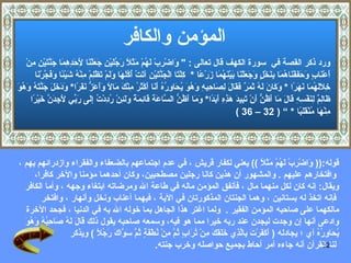 المؤمن والكافر ورد ذكر القصة في   سورة الكهف  قال تعالى  :  "  وَاضْرِبْ لَهُمْ مَثَلًا رَجُلَيْنِ جَعَلْنَا لِأَحَدِهِمَا جَنَّتَيْنِ مِنْ  أَعْنَابٍ وَحَفَفْنَاهُمَا بِنَخْلٍ وَجَعَلْنَا بَيْنَهُمَا زَرْعًا   *  كِلْتَا الْجَنَّتَيْنِ آتَتْ أُكُلَهَا وَلَمْ تَظْلِمْ مِنْهُ شَيْئًا وَفَجَّرْنَا  خِلَالَهُمَا نَهَرًا   *   وَكَانَ لَهُ ثَمَرٌ فَقَالَ لِصَاحِبِهِ وَهُوَ يُحَاوِرُهُ أَنَا أَكْثَرُ مِنْكَ مَالًا وَأَعَزُّ نَفَرًا *   وَدَخَلَ جَنَّتَهُ وَهُوَ  ظَالِمٌ لِنَفْسِهِ قَالَ مَا أَظُنُّ أَنْ تَبِيدَ هَذِهِ أَبَدًا *   وَمَا أَظُنُّ السَّاعَةَ قَائِمَةً وَلَئِنْ رُدِدْتُ إِلَى رَبِّي لَأَجِدَنَّ خَيْرًا  مِنْهَا مُنْقَلَبًا   *   ”  ( 32 –  36  ) قوله :((  وَاضْرِبْ لَهُمْ مَثَلًا   ))  يعني لكفار قريش   ، في عدم اجتماعهم بالضعفاء والفقراء وازدرائهم بهم   ، وافتخارهم عليهم   .  والمشهور أن هذين كانا رجلين مصطحبين، وكان أحدهما مؤمنا والآخر كافرا،  ويقال :  إنه كان لكل منهما مال   ، فأنفق المؤمن ماله في طاعة الله ومرضاته ابتغاء وجهه   ، وأما الكافر فإنه اتخذ له بستانين   ، وهما الجنتان المذكورتان في الآية   ،   فيهما أعناب ونخل  وأنهار ،  وافتخر  مالكهما على صاحبه المؤمن الفقير   .    ولما اغتر هذا الجاهل بما خوله الله به في الدنيا   ، فجحد الآخرة  وادعى أنها إن وجدت ليجدن عند ربه خيرا مما هو فيه، وسمعه صاحبه يقول ذلك قَالَ لَهُ صَاحِبُهُ وَهُوَ  يُحَاوِرُهُ أي   ؛ يجادله  (   أَكَفَرْتَ بِالَّذِي خَلَقَكَ مِنْ تُرَابٍ ثُمَّ مِنْ نُطْفَةٍ ثُمَّ سَوَّاكَ رَجُلًا   )   ويذكر لنا القرآن أنه  جاءه أمر أحاط بجميع حواصله وخرب جنته . 