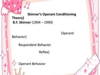 ทฤษฎีการวางเขื่อนไขแบบการกระทำของสกินเนอร์ (Skinner’s Operant Conditioning Theory),[object Object], B.F. Skinner (1904 – 1990) นักจิตวิทยาชาวอเมริกัน  ได้ทำการทดลองด้านจิตวิทยาการศึกษาและวิเคราะห์สถานการณ์การเรียนรู้ที่มีการตอบสนองแบบแสดงการกระทำ (Operant Behavior)  สกินเนอร์ได้แบ่ง    พฤติกรรมของสิ่งมีชีวิตไว้ ๒  แบบ  คือ,[object Object],๑.   Respondent Behavior พฤติกรรมหรือการตอบสนองที่เกิดขึ้นโดยอัตโนมัติ   หรือเป็นปฏิกิริยาสะท้อน  (Reflex)  ซึ่งสิ่งมีชีวิตไม่สามารถควบคุมตัวเองได้  เช่น การกระพริบตา น้ำลายไหล หรือการเกิดอารมณ์     ความรู้สึกต่างๆ,[object Object],๒.   Operant Behavior พฤติกรรมที่เกิดจากสิ่งมีชีวิตเป็นผู้กำหนด  หรือเลือกที่จะแสดงออกมา   ส่วนใหญ่จะเป็นพฤติกรรมที่บุคคลแสดงออกในชีวิตประจำวัน  เช่น  กิน  นอน  พูด  เดิน  ทำงาน   ขับรถ  ฯลฯ.,[object Object]