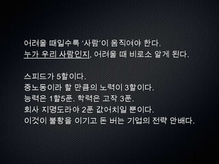어려울 때일수록 „사람‟이 움직여야 한다.
누가 우리 사람인지, 어려울 때 비로소 알게 된다.

스피드가 5할이다.
중노동이라 할 만큼의 노력이 3할이다.
능력은 1할5푼. 학력은 고작 3푼.
회사 지명도라야 2푼 값어치일 뿐이다.
이것이 불황을 이기고 돈 버는 기업의 전략 안배다.
 