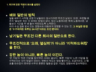 1. 위기에 강한 직원이 회사를 살린다
           !



 배와 절반의 법칙
 일을 배우기 시작할 초창기 남들보다 앞서가려면 무조건 남보다 „오래‟, 숙련될 때
 까지 „열심히‟ 하는 것 외에는 방법이 없다. 정신 노동에서든 육체 노동에서든, 남
 들보다 시간을 두 배 들여 숙련되도록 노력한다.
 이미 수십 걸음 앞서 있는 경쟁사와 대등하게 경쟁할 수 있는 것, 그 유일한 환경
 은 „누구에게든 하루는 24시간‟이라는 조건 뿐이다.


 납기일은 무조건 다른 회사의 절반으로 한다.

 무조건적으로 „오래, 열심히‟가 아니라 „지적하드워킹‟
 을 한다.

 강한 놈이 아니라, 빠른 놈이 이긴다.
 „큰 기업‟이 „작은 기업‟을 잡아먹던 시대는 끝났다. „빠른 기업‟이 „느린 기업‟을 잡
 아먹는다는 것이 정설이 되었다. 변화의 속도는 점점 빨라지고, 조금이라도 그 템
 포를 따라잡지 못하면 아무리 튼튼한 철옹성 같은 기업도 경쟁사에 잡아먹힌다.
 