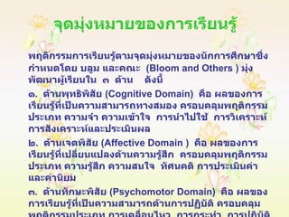 จุดมุ่งหมายของการเรียนรู้ พฤติกรรมการเรียนรู้ตามจุดมุ่งหมายของนักการศึกษาซึ่งกำหนดโดย บลูม และคณะ  ( Bloom   and Others  )  มุ่งพัฒนาผู้เรียนใน  ๓  ด้าน  ดังนี้ ๑ .  ด้านพุทธิพิสัย  ( Cognitive Domain )  คือ ผลของการเรียนรู้ที่เป็นความสามารถทางสมอง ครอบคลุมพฤติกรรมประเภท ความจำ ความเข้าใจ  การนำไปใช้  การวิเคราะห์  การสังเคราะห์และประเมินผล ๒ .  ด้านเจตพิสัย  ( Affective Domain  )  คือ ผลของการเรียนรู้ที่เปลี่ยนแปลงด้านความรู้สึก  ครอบคลุมพฤติกรรมประเภท ความรู้สึก ความสนใจ  ทัศนคติ การประเมินค่าและค่านิยม ๓ .  ด้านทักษะพิสัย  ( Psychomotor Domain )  คือ ผลของการเรียนรู้ที่เป็นความสามารถด้านการปฏิบัติ ครอบคลุมพฤติกรรมประเภท การเคลื่อนไหว  การกระทำ  การปฏิบัติงาน การมีทักษะและความชำนาญ 