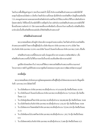 โดยในบางพื้นที่มีมลค่าสูงกว่า 380 ล้านบาทต่อไร่ ทั้งนี้ สานักงานทรัพย์สินส่วนพระมหากษัตริ ยยงได้
                   ู                                                                         ์ั
ลงทุนในหุนของบริ ษทต่าง ๆ อีกด้วย โดยถ้านับรวมทั้งหมด หุนที่สานักงานทรัพย์สินฯ มีอยูท้งหมดคิดเป็ น
           ้         ั                                        ้                         ่ ั
7.5% ของมูลค่าตลาดรวมของตลาดหลักทรัพย์แห่งประเทศไทย ทาให้พระองค์ทรงได้รับการจัดอันดับจาก
นิตยสารฟอร์บ ให้เป็ นหนึ่งในกษัตริ ยที่ร่ ารวยที่สุดในโลก แต่สานักงานทรัพย์สินส่วนพระมหากษัตริ ยได้
                                     ์                                                             ์
ชี้แจงถึงบทความดังกล่าวว่า "มีความคลาดเคลื่อนจากข้อเท็จจริ ง เนื่องจากในความเป็ นจริ ง ทรัพย์สินที่นบั
มาประเมินนั้นเป็ นทรัพย์สินของแผ่นดิน มิใช่ทรัพย์สินส่วนพระองค์"

                ทรัพย์ สินส่ วนพระองค์

       พระบาทสมเด็จพระเจ้าอยูหว ยังทรงมีการลงทุนส่วนพระองค์เอง โดยไม่ผานสานักงานทรัพย์สิน
                                 ่ ั                                        ่
ส่วนพระมหากษัตริ ย ์ โดยการเป็ นผูถือหุนใน บริ ษท สัมมากร จากัด (มหาชน) 43.87% บริ ษท ไทย
                                  ้ ้           ั                                   ั
ประกันภัย จากัด (มหาชน) 18.56% และบริ ษท ไมเนอร์ อินเตอร์เนชันแนล จากัด (มหาชน) 2.04% เป็ นต้น
                                          ั                     ่

        ทรัพย์สินส่วนพระองค์น้ ียงหมายรวมถึง เงินทูลเกล้าถวายฯ ตามพระราชอัธยาศัยต่าง ๆ ซึ่ง
                                 ั
ทรัพย์สินส่วนพระองค์น้ นไม่ได้รับการยกเว้นเรื่ องภาษี และต้องเสียภาษีอากรตามปกติ
                       ั

      มูลนิธิอานันทมหิดล อ้างว่า พระองค์ได้พระราชทานทรัพย์สินส่วนพระองค์จานวนมากแก่
โครงการพระราชดาริ มูลนิธิในพระบรมราชูปถัมภ์ ตลอดจนการกุสล และการพัฒนาทรัพยากรมนุษย์

        การถือหุ้น

    พระบาทสมเด็จพระปรมินทรมหาภูมิพลอดุลยเดชทรงเป็ นผูถือหุนบริ ษทเอกชนหลายแห่ง ข้อมูลเมื่อ
                                                     ้ ้        ั
วันที่ 1 มกราคม 2553 มีดงต่อไปนี้
                        ั

    1. ใน บริ ษทสัมมากร จากัด (มหาชน) ทรงถือหุนจานวน 197,414,850 หุน คิดเป็ นร้อยละ 43.870
               ั                                ้                  ้
    2. ใน บริ ษทไมเนอร์ อินเตอร์เนชันแนล จากัด (มหาชน) ทรงถือหุนจานวน 72,470,861 หุน คิดเป็ น
                           ั        ่                          ้                     ้
       ร้อยละ 2.22
    3. ใน บริ ษทปูนซิเมนต์ไทย จากัด (มหาชน) ทรงถือหุนจานวน 360,000,000 หุน คิดเป็ นร้อยละ 30.00
                 ั                                    ้                  ้
    4. ใน บริ ษทไทยประกันภัย จากัด (มหาชน) ทรงถือหุนจานวน 3,526,567 หุน คิดเป็ นร้อยละ 30.00
                   ั                                ้                  ้
    5. ใน บริ ษทธนาคารไทยพาณิ ชย์ จากัด (มหาชน) ทรงถือหุนจานวน 722,941,958 หุน คิดเป็ นร้อยละ
                     ั                                    ้                    ้
       21.31
    6. ใน บริ ษทซิงเกอร์ประเทศไทย จากัด (มหาชน) ทรงถือหุนจานวน 1,383,770 หุน คิดเป็ นร้อยละ
                       ั                                    ้                ้
       0.51
    7. ใน บริ ษทเทเวศประกันภัย จากัด (มหาชน) ทรงถือหุนจานวน 27,600 หุน คิดเป็ นร้อยละ 0.23
                         ั                              ้            ้
 