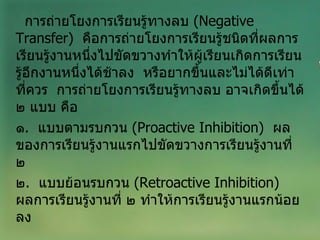 การถ่ายโยงการเรียนรู้ทางลบ  ( Negative Transfer )  คือการถ่ายโยงการเรียนรู้ชนิดที่ผลการเรียนรู้งานหนึ่งไปขัดขวางทำให้ผู้เรียนเกิดการเรียนรู้อีกงานหนึ่งได้ช้าลง  หรือยากขึ้นและไม่ได้ดีเท่าที่ควร  การถ่ายโยงการเรียนรู้ทางลบ อาจเกิดขึ้นได้ ๒ แบบ คือ ๑ .  แบบตามรบกวน  ( Proactive Inhibition )  ผลของการเรียนรู้งานแรกไปขัดขวางการเรียนรู้งานที่ ๒ ๒ .  แบบย้อนรบกวน  ( Retroactive Inhibition )  ผลการเรียนรู้งานที่ ๒ ทำให้การเรียนรู้งานแรกน้อยลง 