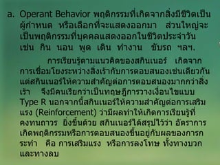 Operant Behavior   พฤติกรรมที่เกิดจากสิ่งมีชีวิตเป็นผู้กำหนด  หรือเลือกที่จะแสดงออกมา  ส่วนใหญ่จะเป็นพฤติกรรมที่บุคคลแสดงออกในชีวิตประจำวัน  เช่น  กิน  นอน  พูด  เดิน  ทำงาน  ขับรถ  ฯลฯ . การเรียนรู้ตามแนวคิดของสกินเนอร์  เกิดจากการเชื่อมโยงระหว่างสิ่งเร้ากับการตอบสนองเช่นเดียวกัน แต่สกินเนอร์ให้ความสำคัญต่อการตอบสนองมากกว่าสิ่งเร้า  จึงมีคนเรียกว่าเป็นทฤษฎีการวางเงื่อนไขแบบ   Type R   นอกจากนี้สกินเนอร์ให้ความสำคัญต่อการเสริมแรง  ( Reinforcement )  ว่ามีผลทำให้เกิดการเรียนรู้ที่คงทนถาวร  ยิ่งขึ้นด้วย สกินเนอร์ได้สรุปไว้ว่า อัตราการเกิดพฤติกรรมหรือการตอบสนองขึ้นอยู่กับผลของการกระทำ  คือ การเสริมแรง  หรือการลงโทษ ทั้งทางบวกและทางลบ 