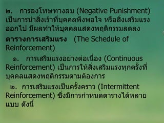 ๒ .  การลงโทษทางลบ  ( Negative Punishment )  เป็นการนำสิ่งเร้าที่บุคคลพึงพอใจ หรือสิ่งเสริมแรงออกไป มีผลทำให้บุคคลแสดงพฤติกรรมลดลง ตารางการเสริมแรง   ( The Schedule of Reinforcement )  ๑ .  การเสริมแรงอย่างต่อเนื่อง  ( Continuous Reinforcement )  เป็นการให้สิ่งเสริมแรงทุกครั้งที่บุคคลแสดงพฤติกรรมตามต้องการ ๒ .  การเสริมแรงเป็นครั้งคราว  ( Intermittent Reinforcement )  ซึ่งมีการกำหนดตารางได้หลายแบบ ดังนี้ 