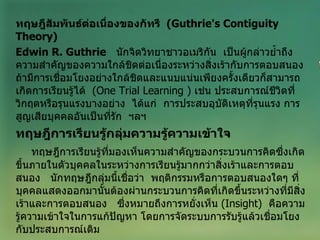 ทฤษฎีสัมพันธ์ต่อเนื่องของกัทรี  ( Guthrie's Contiguity Theory ) Edwin R.   Guthrie   นักจิตวิทยาชาวอเมริกัน  เป็นผู้กล่าวย้ำถึงความสำคัญของความใกล้ชิดต่อเนื่องระหว่างสิ่งเร้ากับการตอบสนอง  ถ้ามีการเชื่อมโยงอย่างใกล้ชิดและแนบแน่นเพียงครั้งเดียวก็สามารถเกิดการเรียนรู้ได้  ( One Trial Learning  )  เช่น ประสบการณ์ชีวิตที่วิกฤตหรือรุนแรงบางอย่าง  ได้แก่  การประสบอุบัติเหตุที่รุนแรง การสูญเสียบุคคลอันเป็นที่รัก  ฯลฯ ทฤษฎีการเรียนรู้กลุ่มความรู้ความเข้าใจ  ทฤษฎีการเรียนรู้ที่มองเห็นความสำคัญของกระบวนการคิดซึ่งเกิดขึ้นภายในตัวบุคคลในระหว่างการเรียนรู้มากกว่าสิ่งเร้าและการตอบสนอง  นักทฤษฎีกลุ่มนี้เชื่อว่า  พฤติกรรมหรือการตอบสนองใดๆ ที่บุคคลแสดงออกมานั้นต้องผ่านกระบวนการคิดที่เกิดขึ้นระหว่างที่มีสิ่งเร้าและการตอบสนอง  ซึ่งหมายถึงการหยั่งเห็น  ( Insight )  คือความรู้ความเข้าใจในการแก้ปัญหา โดยการจัดระบบการรับรู้แล้วเชื่อมโยงกับประสบการณ์เดิม 