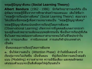 ทฤษฎีปัญญาสังคม  ( Social Learning Theory ) Albert  Bandura   (1962 - 1986)  นักจิตวิทยาชาวอเมริกัน เป็นผู้พัฒนาทฤษฎีนี้ขึ้นจากการศึกษาค้นคว้าของตนเอง  เดิมใช้ชื่อว่า  " ทฤษฎีการเรียนรู้ทางสังคม " ( Social Learning Theory )  ต่อมาเขาได้เปลี่ยนชื่อทฤษฎีเพื่อความเหมาะสมเป็น  " ทฤษฎีปัญญาสังคม "  ทฤษฎีปัญญาสังคมเน้นหลักการเรียนรู้โดยการสังเกต  ( Observational Learning )  เกิดจากการที่บุคคลสังเกตการกระทำของผู้อื่นแล้วพยายามเลียนแบบพฤติกรรมนั้น ซึ่งเป็นการเรียนรู้ที่เกิดขึ้นในสภาพแวดล้อมทางสังคมเราสามารถพบได้ในชีวิตประจำวัน  เช่น  การออกเสียง  การขับรถยนต์  การเล่นกีฬาประเภทต่างๆ  เป็นต้น   ขั้นตอนของการเรียนรู้โดยการสังเกต ๑ .  ขั้นให้ความสนใจ  ( Attention Phase )  ถ้าไม่มีขั้นตอนนี้ การเรียนรู้อาจจะไม่เกิดขึ้น  เป็นขั้นตอน  ที่ผู้เรียนให้ความสนใจต่อตัวแบบ  ( Modeling )  ความสามารถ ความมีชื่อเสียง และคุณลักษณะเด่นของตัวแบบจะเป็นสิ่งดึงดูดให้ผู้เรียนสนใจ 