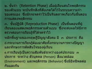 ๒ .  ขั้นจำ  ( Retention Phase )  เมื่อผู้เรียนสนใจพฤติกรรมของตัวแบบ จะบันทึกสิ่งที่สังเกตได้ไว้ในระบบความจำของตนเอง  ซึ่งมักจะจดจำไว้เป็นจินตภาพเกี่ยวกับขั้นตอนการแสดงพฤติกรรม ๓ .  ขั้นปฏิบัติ  ( Reproduction Phase )  เป็นขั้นตอนที่ผู้เรียนลองแสดงพฤติกรรมตามตัวแบบ  ซึ่งจะส่งผลให้มีการตรวจสอบการเรียนรู้ที่ได้จดจำไว้ หลักพื้นฐานของทฤษฎีปัญญาสังคม มี  ๓  ประการ  คือ  กระบวนการเรียนรู้ต้องอาศัยทั้งกระบวนการทางปัญญา และทักษะการตัดสินใจของผู้เรียน การเรียนรู้เป็นความสัมพันธ์ระหว่างองค์ประกอบ  ๓  ประการ  ระหว่าง ตัวบุคคล  ( Person )  สิ่งแวดล้อม  ( Environment )  และพฤติกรรม  ( Behavior )  ซึ่งมีอิทธิพลต่อกันและกัน 