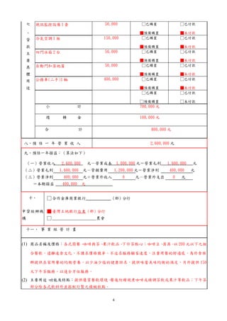 七   視訊監控設備 1 套                     50,000            □已購置                □已付款

    、                                                   ■預備購置                ■未付款
    貸   冷氣空調 1 組                       150,000           □已購置                □已付款

    款                                                   ■預備購置                ■未付款
    主   四門冰箱 2 台                       50,000            □已購置                □已付款

    要                                                   ■預備購置                ■未付款
    具   自動門和落地窗                        50,000            □已購置                □已付款

    體                                                   ■預備購置                ■未付款
    用   公務車(二手)1 輛                     400,000           □已購置                □已付款

    途                                                   ■預備購置                ■未付款
                                                         □已購置                □已付款

                                                        □預備購置                □未付款
           小                 計                          700,000 元

           週       轉         金                          100,000 元

          合                  計                               800,000 元


八、預 估 一 年 營 業 收 入                                           2,600,000 元

九、預估一年損益：（算法如下）

 （一）營業收入           2,600,000       元－營業成本       1,000,000 元＝營業毛利    1,600,000    元
（二）營業毛利         1,600,000        元－管銷費用     1,200,000 元＝營業淨利         400,000     元
（三）營業淨利             400,000      元＋營業外收入          0   元－營業外支出            0   元
        ＝本期損益      400,000     元


    十、     □ 合作金庫商業銀行                     （部）分行


申貸經辦機 ■ 臺灣土地銀行台東（部）分行
構          □ _____________________農會

 十一、 事 業 經 營 計 畫


(1) 商品名稱及價格：各式簡餐、咖啡與茶、果汁飲品、下什茶點心；咖啡豆、器具。 200 元以下之組
                                        以

    合餐飲，遠離速食文化，不講求價格競爭、不追求服務顧客速度，注重用餐的舒適感，為外食族

    群提供在家用餐的均衡營養，以少油少塩的健康訴求，提供味蕾美味均衡的滿足。另外提供 150

    元下午茶服務，以達全方位服務。

(2) 主要用途、功能及特點：提供優質餐飲環境、餐後附贈現煮咖啡或精調茶飲或果汁等飲品；下午茶
    部分除各式飲料外並搭配訂製之精緻糕點。


                                            4
 