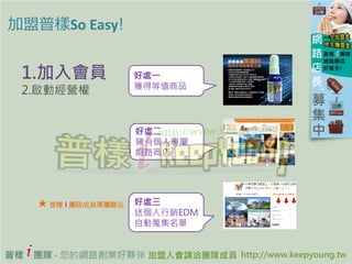 ՘So Easy!


 1.T              ̎һ
                     @õֵƷ
 2.ӽI


                     ̎
                     Ђˌ
                     W·̵




    ՘ i F꠳ɆTٛƷ   ̎
                     ͂NEDM
                     ԄL


         ՘ȫAi-KeepyoungF @ Team i-Keepyoung All Rights Reserved
 