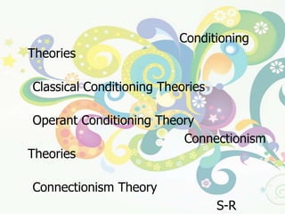 ๑.   ทฤษฎีการวางเงื่อนไข   (Conditioning Theories)		๑.๑   ทฤษฎีการวางเงื่อนไขแบบคลาสสิค  (Classical Conditioning Theories) 		๑.๒   ทฤษฎีการวางเงื่อนไขแบบการกระทำ (Operant Conditioning Theory)	๒.   ทฤษฎีสัมพันธ์เชื่อมโยง  (Connectionism Theories)		๒.๑   ทฤษฎีสัมพันธ์เชื่อมโยง    (Connectionism Theory)    		๒.๒   ทฤษฎีสัมพันธ์ต่อเนื่อง     (S-R Contiguity Theory)